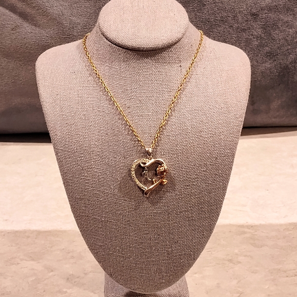 SILVER .925 HEART PENDANT WITH "A" INITIAL & GOLD ROSE ON GOLD PLATED NECKLACE - Picture 3 of 12